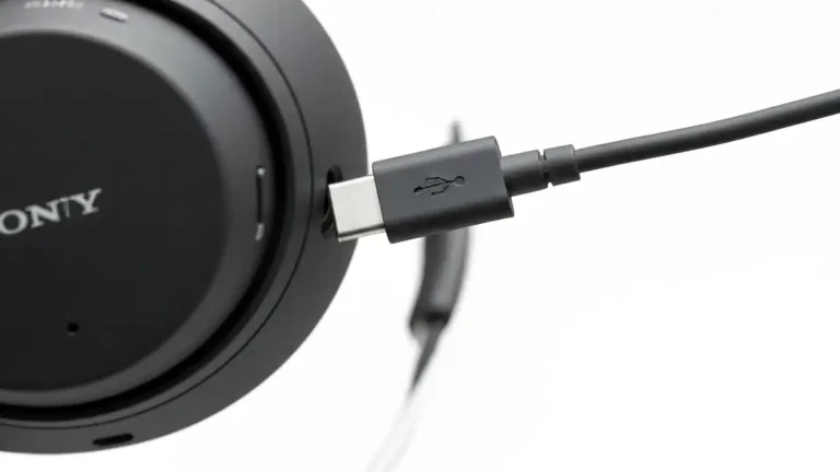 Sony WH-1000XM przyłączone do przewodu USB-C z etykietą portu ładowania