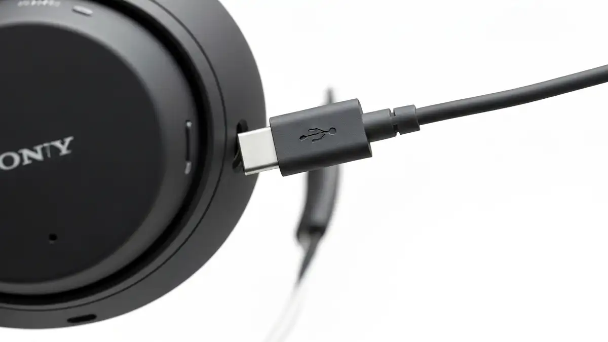 Sony WH-1000XM przyłączone do przewodu USB-C z etykietą portu ładowania