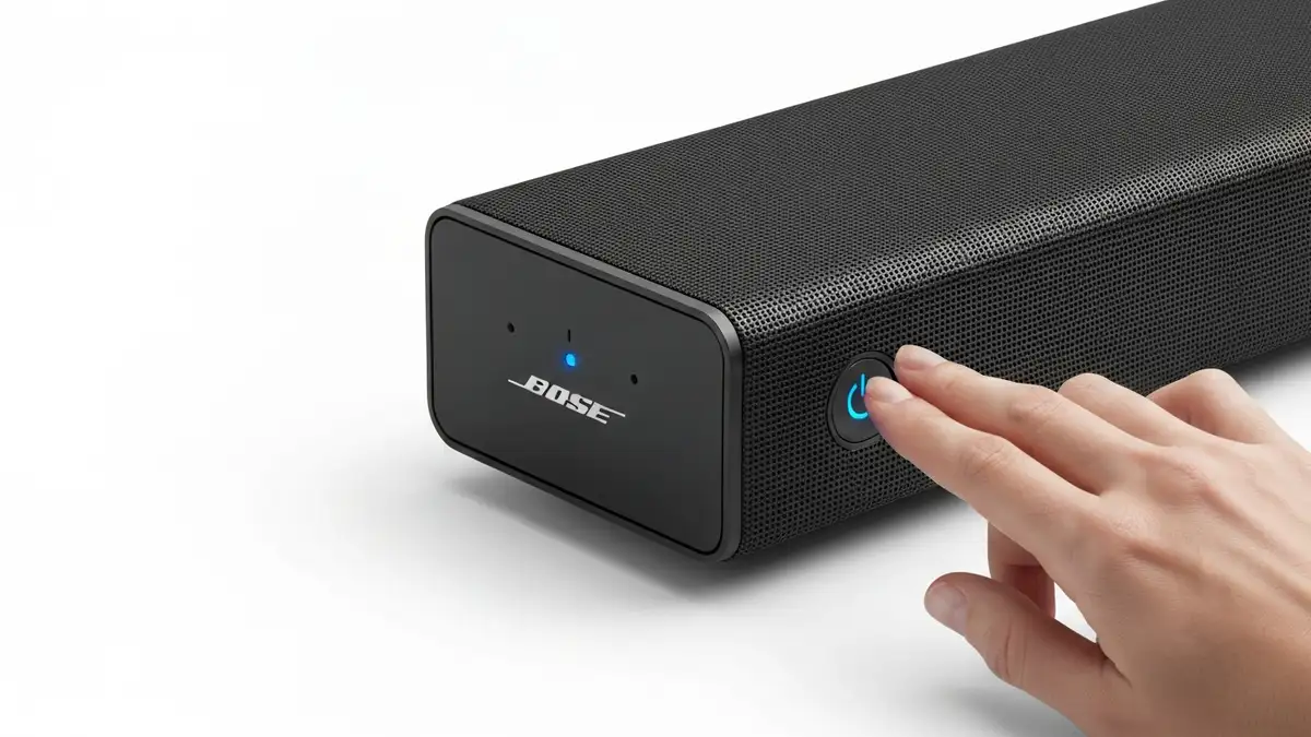 Soundbar Bose z podświetloną diodą zasilania i przyciskiem zasilania