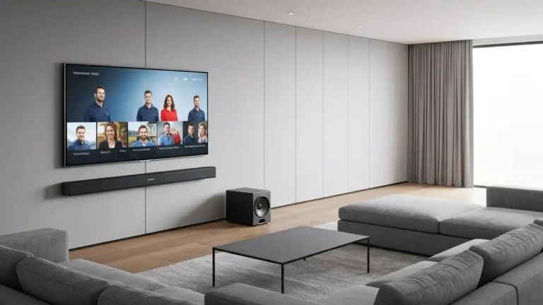 Soundbar z subwooferem podłączonym do telewizora smart TV w salonie