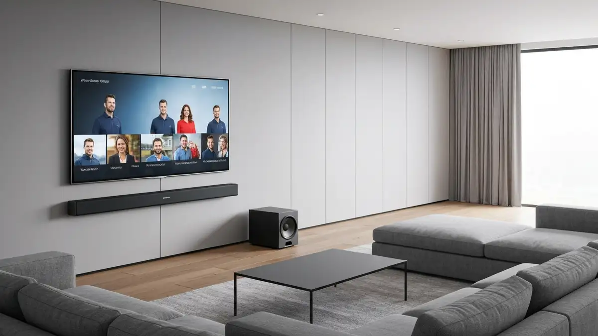 Soundbar z subwooferem podłączonym do telewizora smart TV w salonie