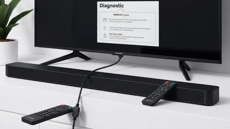 Soundbar podłączony do telewizora z pilotem, wskazując na przycisk głośności i gniazdo HDMI-ARC