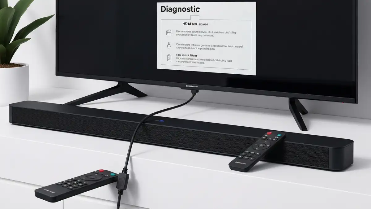 Soundbar podłączony do telewizora z pilotem, wskazując na przycisk głośności i gniazdo HDMI-ARC