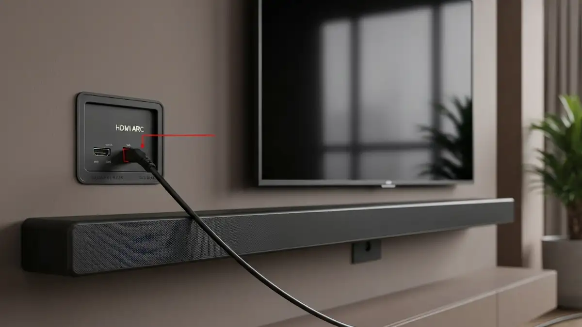 Soundbar podłączony do telewizora przez kabel HDMI ARC, port HDMI 3 lub 4 zaznaczony, schemat połączenia audio