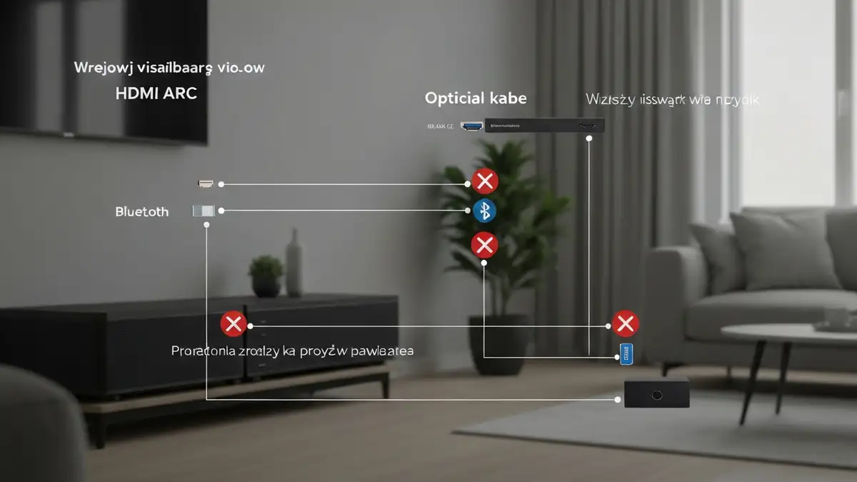 Soundbar nie łączy się z telewizorem – schemat trzech typów połączeń HDMI ARC, optyczne i Bluetooth