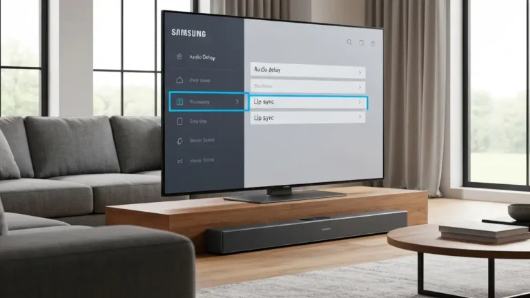 Soundbar podłączony do telewizora Samsung z wyświetlonym menu lip sync i wskaźnikiem opóźnienia dźwięku