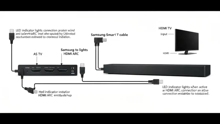 Soundbar Samsung podłączony do telewizora przez kabel HDMI z włączonym HDMI ARC