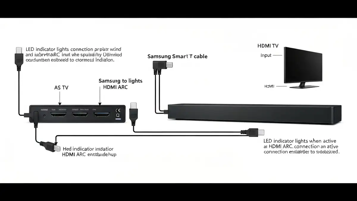 Soundbar Samsung podłączony do telewizora przez kabel HDMI z włączonym HDMI ARC