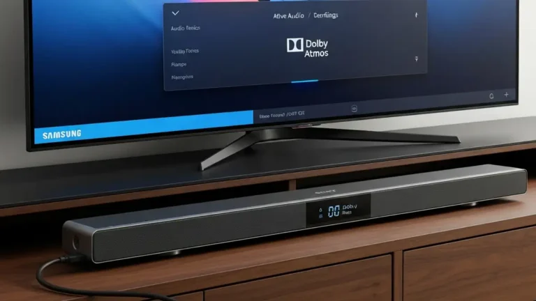 Soundbar Sony z wyświetlaczem wskazującym aktywny Dolby Atmos i telewizor Samsung z ikonami ustawień audio