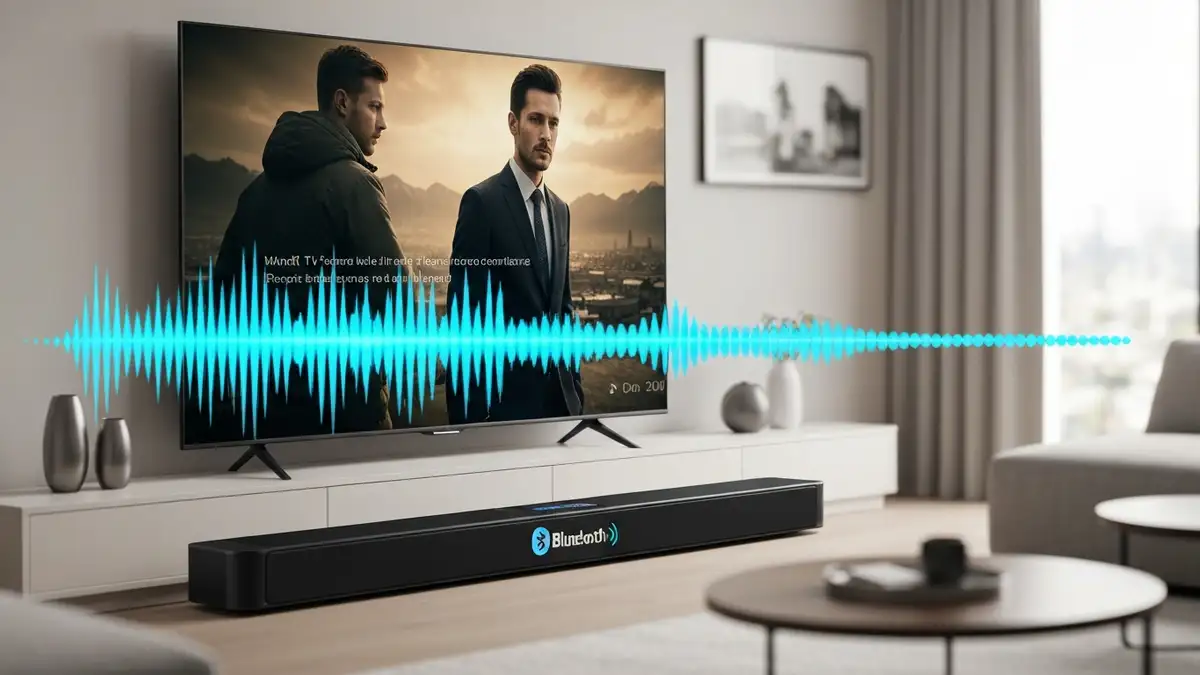 Soundbar podłączony do telewizora Smart TV przez Bluetooth, z ikonami trzasków i fal radiowych reprezentującymi problem z dźwiękiem