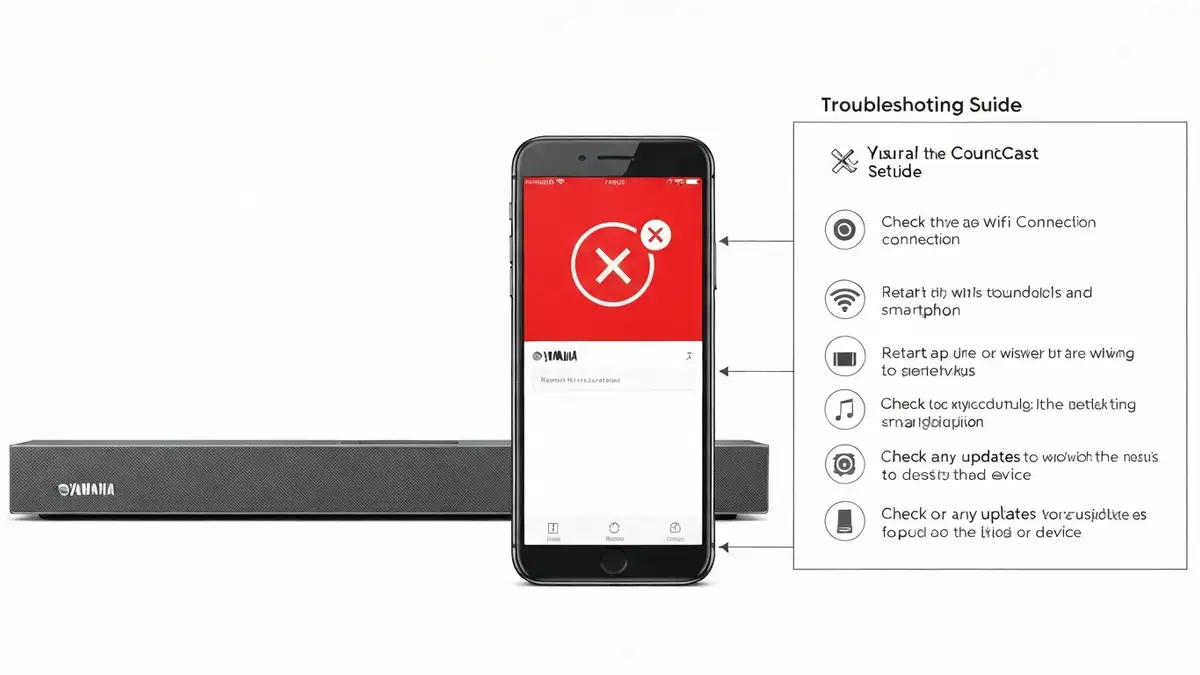 Soundbar Yamaha MusicCast z aplikacją na ekranie smartfona pokazującą błąd połączenia