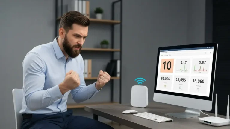 mężczyzna patrzy na ekran komputera z niskim wynikiem testu prędkości, router wifi w tle, cyfry Mbps