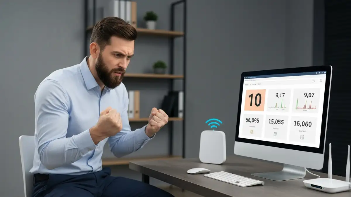 mężczyzna patrzy na ekran komputera z niskim wynikiem testu prędkości, router wifi w tle, cyfry Mbps
