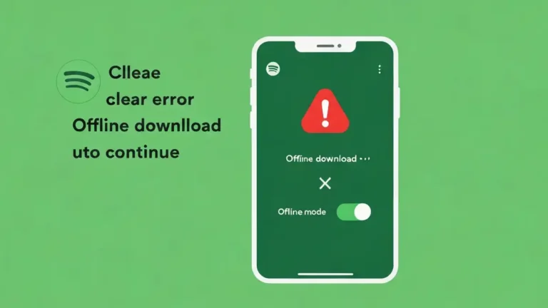 Ekran Spotify z błędem pobierania offline, wyłączonym trybie offline i ikoną ostrzeżenia
