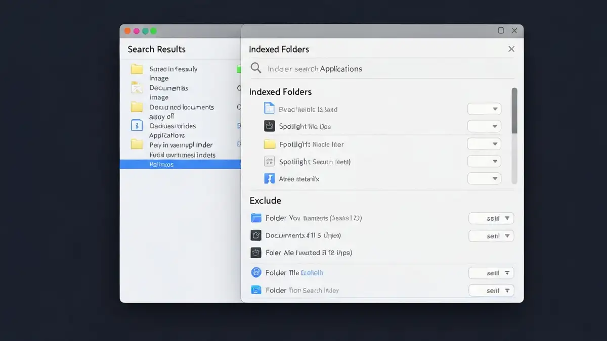 Okno ustawień Spotlight na macOS z listą folderów do indeksowania i przyciskiem resetowania
