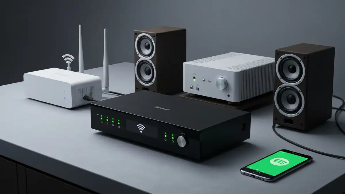 Streamer audio z wyświetlaczem LCD oraz wskaźnikami LED, tuż przy routerze WiFi w domowym systemie audio
