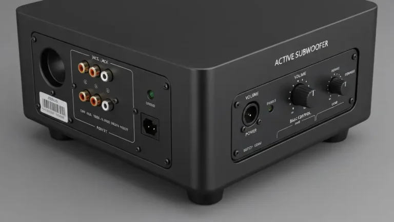 Subwoofer aktywny z widocznymi złączami RCA, wejściem Jack 3.5 mm, przyciskami kontroli i LED wskaźnikiem zasilania