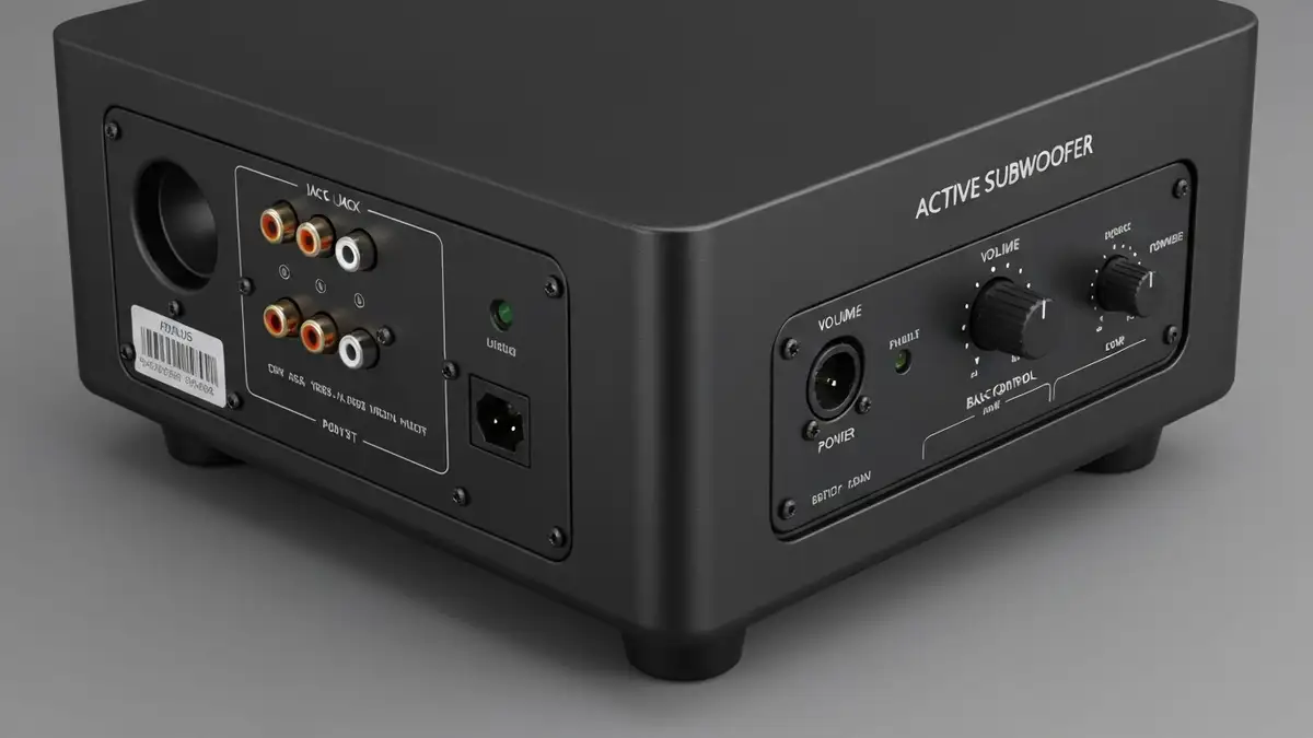 Subwoofer aktywny z widocznymi złączami RCA, wejściem Jack 3.5 mm, przyciskami kontroli i LED wskaźnikiem zasilania