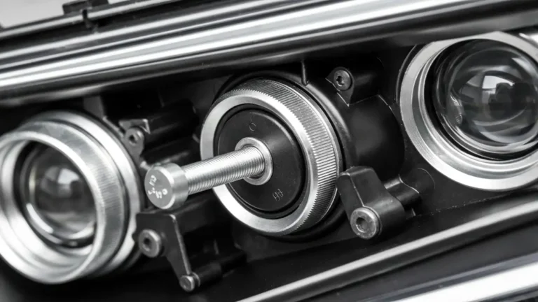 Reflektor przedni samochodu z widocznym mechanizmem regulacji świateł mijania