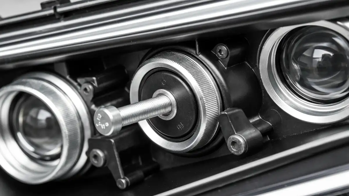 Reflektor przedni samochodu z widocznym mechanizmem regulacji świateł mijania