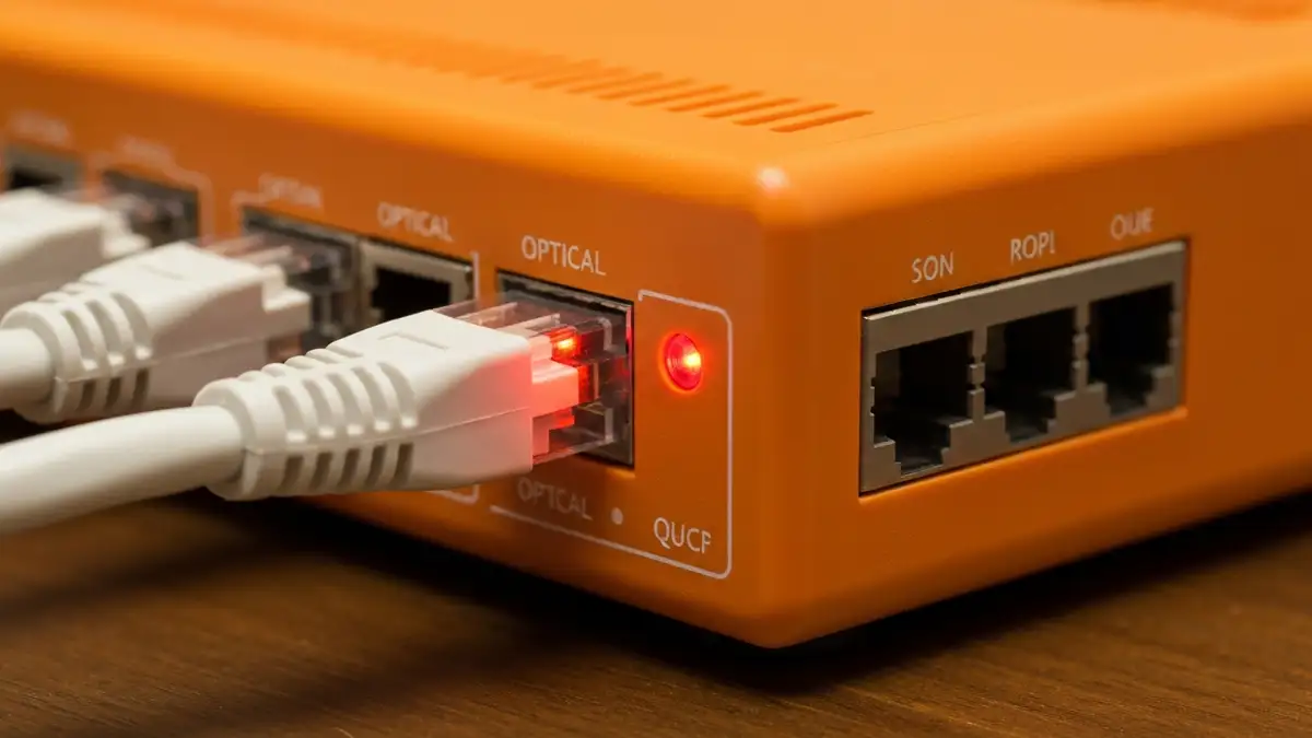 Router Orange z migającą czerwoną lampką na urządzeniu optycznym - diagnostyka światłowodu