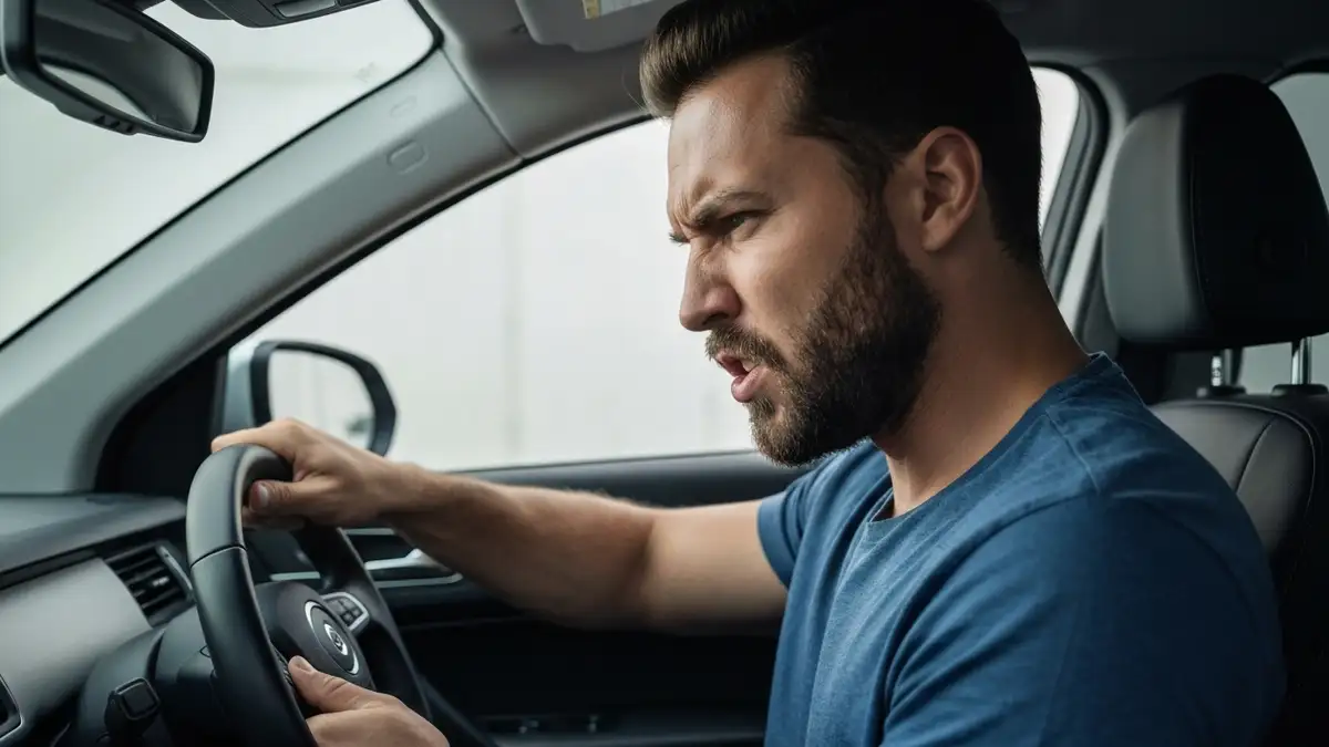 Człowiek naciśnie przycisk szyby elektrycznej w samochodzie, szyba nie opuszcza się, przycisk podświetlony
