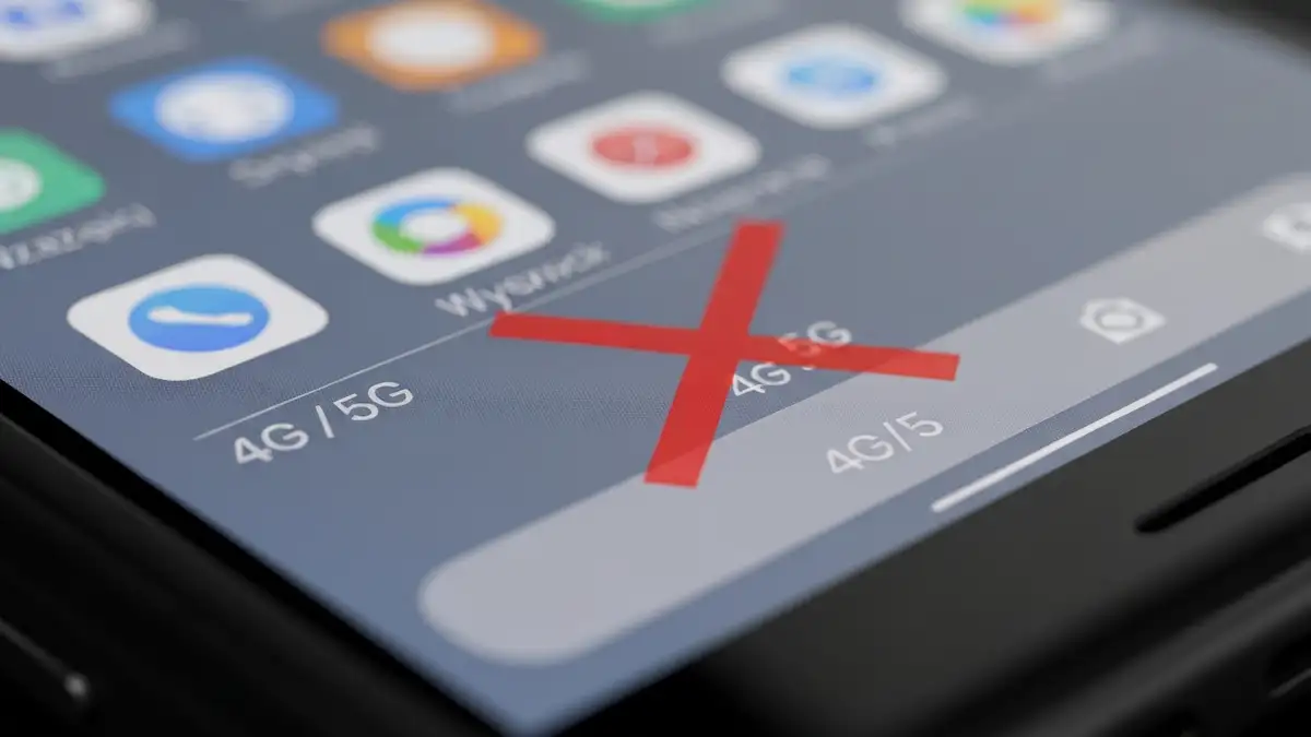 Telefon z ikoną braku internetu na sieci T-Mobile - brak sygnału 4G/5G