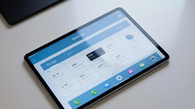 Tablet Android leżący na biurku z wyświetlonym ekranem menu Ustawień i wskaźnikiem pamięci RAM