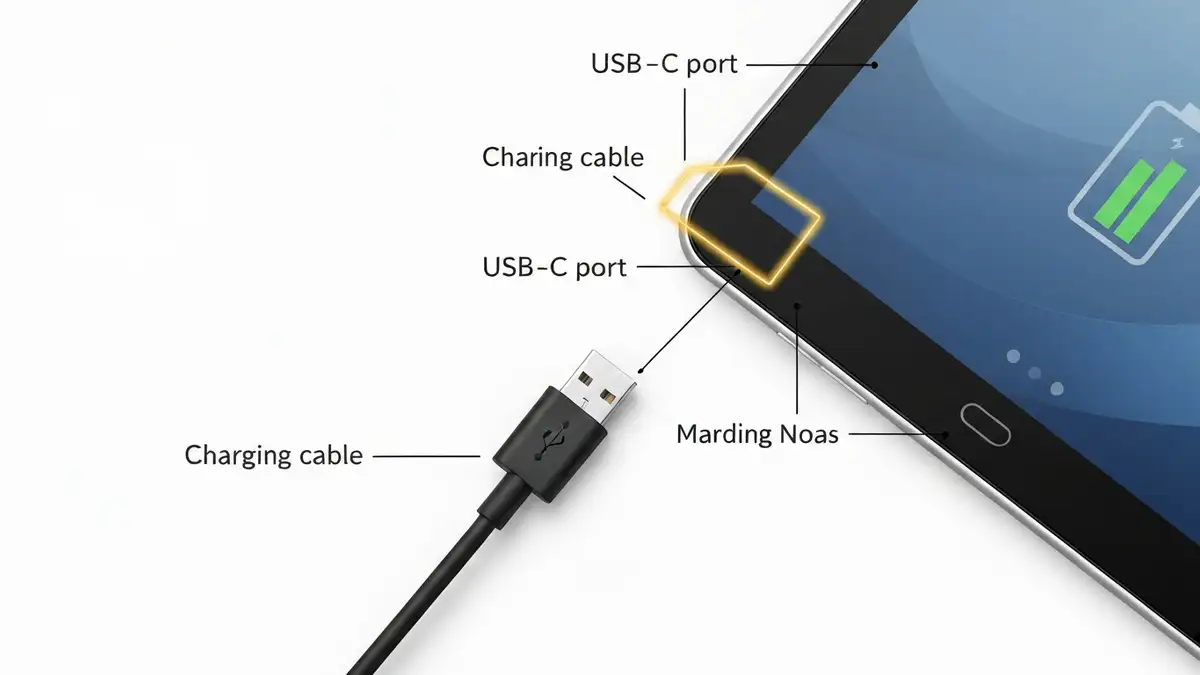 Tablet Android ze stykami portu USB i wskaźnikiem ładowania na ekranie