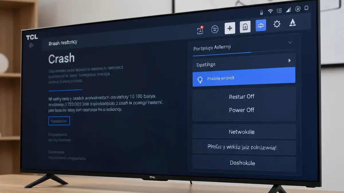 TCL telewizor z komunikatem błędu crashowania na ekranie, pokazujący menu ustawień i diagnozę problemu
