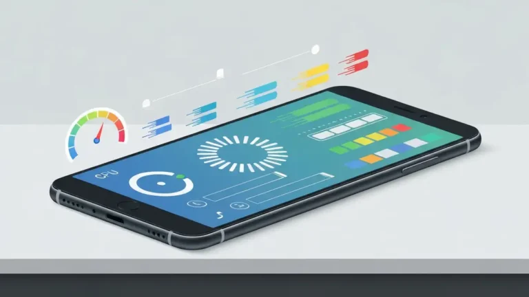 Telefon Android leżący na biurku z ikoną prędkości i napisem slowdown