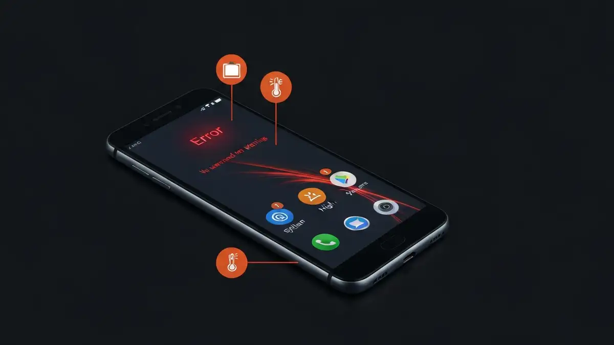 Telefon Android wyłączający się sam z siebie na czarnym tle z ikonami problemów baterii, temperatury i oprogramowania