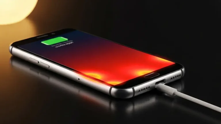 Smartfon Samsung grzejący się podczas ładowania na czarnym tle z widocznym wskaźnikiem temperatury