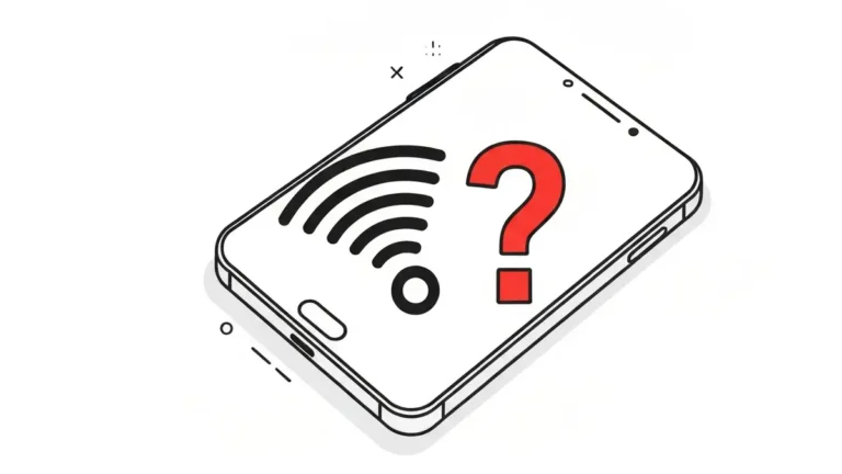 Telefon z ikoną Wi-Fi i znakiem zapytania symbolizujący problem braku internetu mimo połączenia