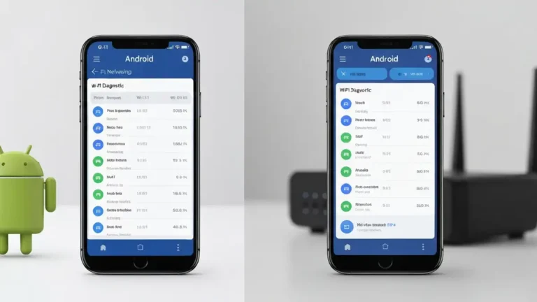 Telefon Android i iPhone wyświetlające dostępne sieci Wi-Fi z ikoną połączenia, router w tle