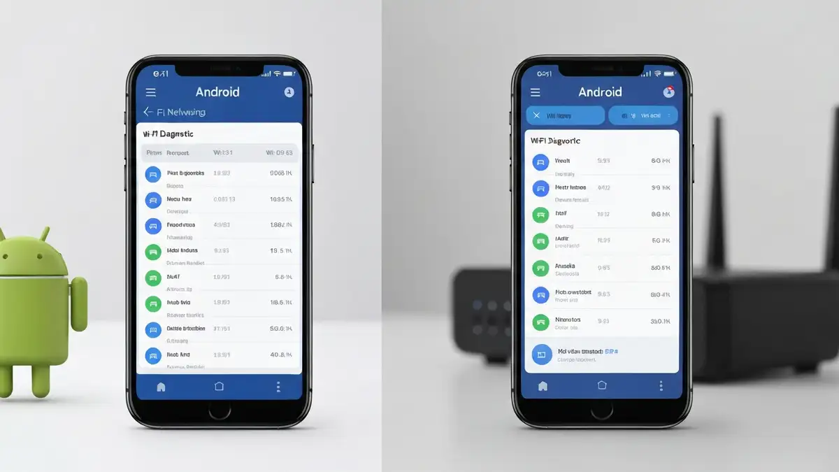 Telefon Android i iPhone wyświetlające dostępne sieci Wi-Fi z ikoną połączenia, router w tle