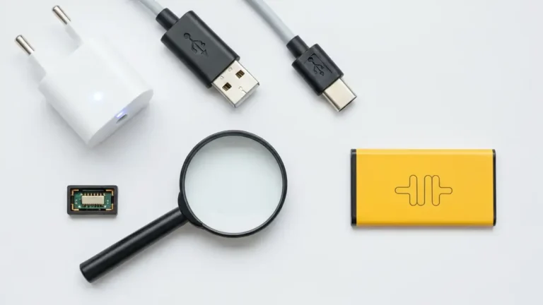 Rozłożone części telefonu: kabel USB, ładowarka, port ładowania i bateria z przybliżonym widokiem złącza
