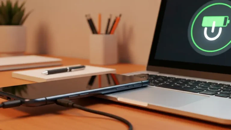 Telefon podłączony kablem USB do portu laptopa, ekran smartfona pokazuje symbol ładowania