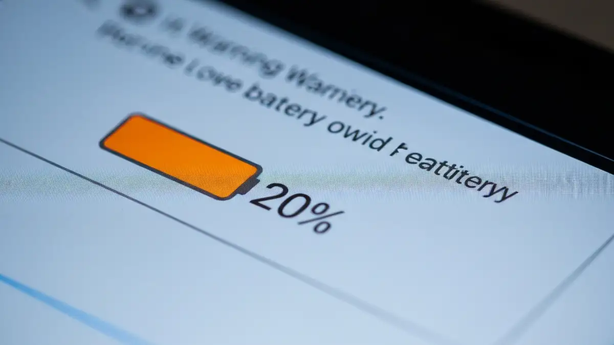 Ekran smartfonu pokazujący procent baterii 20% z komunikatem ostrzegawczym, przycisk wyłączania telefonu