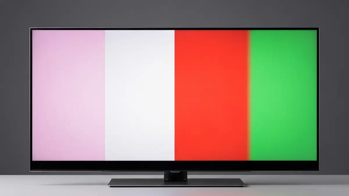 Telewizor z zniekształconymi kolorami - ekran pokazujący przypad przesunięcia kolorów czerwieni i zieleni