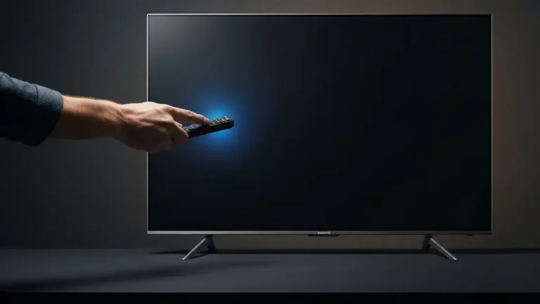 Telewizor Samsung z wyrażną diodą zasilania i przyciskiem power, mężczyzna trzyma pilota w dłoni przed czarnym ekranem