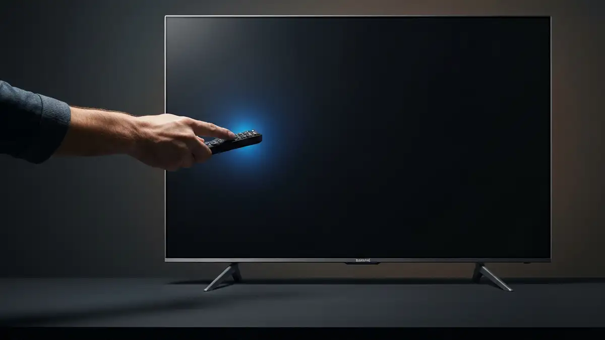 Telewizor Samsung z wyrażną diodą zasilania i przyciskiem power, mężczyzna trzyma pilota w dłoni przed czarnym ekranem