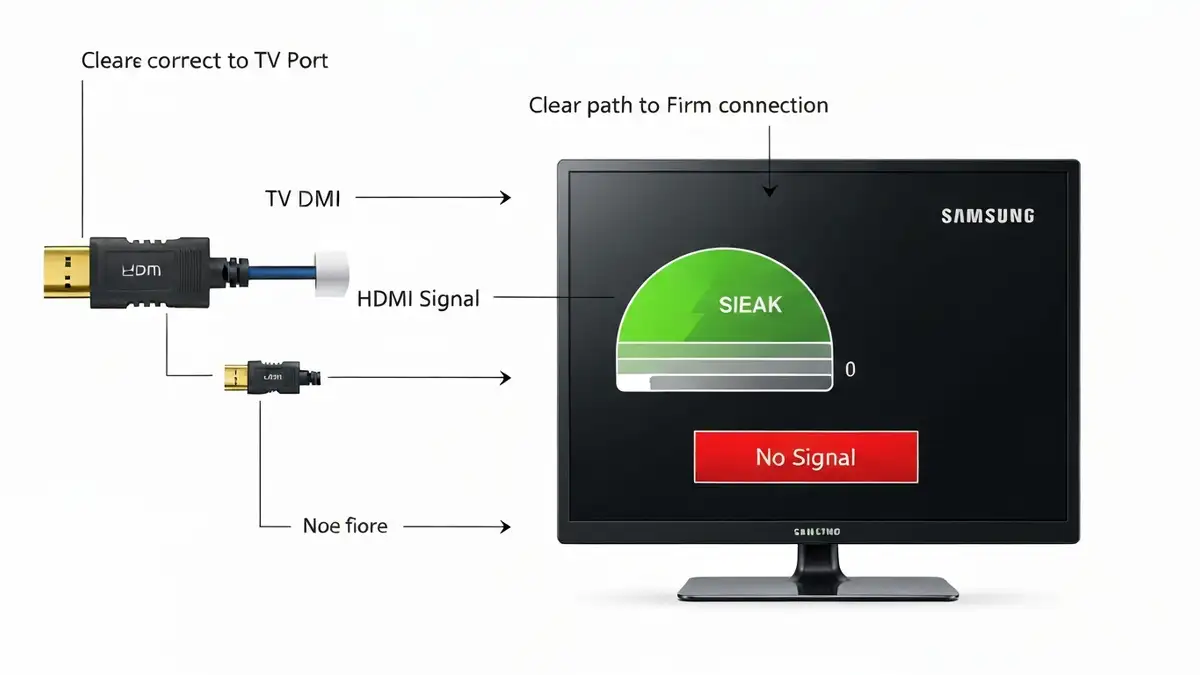 Kabel HDMI podłączony do portu HDMI w telewizorze Samsung z pojawiającym się komunikatem o braku sygnału na ekranie