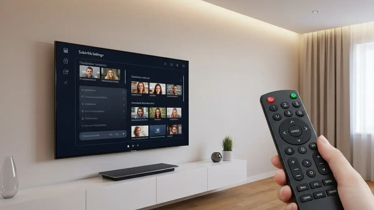 Zdjęcie telewizora smart z pilotem, na ekranie widoczne menu ustawień napisów i przycisk napisy na pilocie