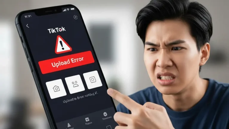 Błąd wgrywania wideo na TikToku z ikoną ostrzeżenia na ekranie smartfona