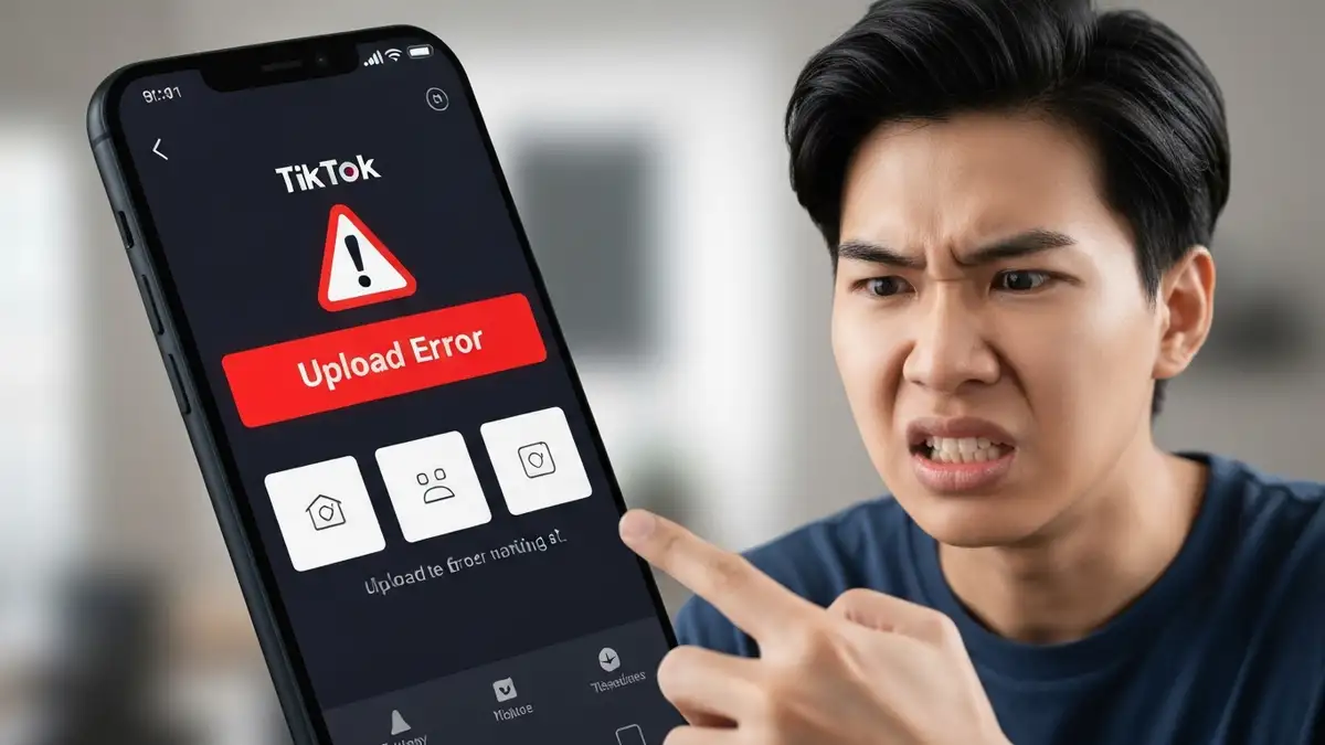 Błąd wgrywania wideo na TikToku z ikoną ostrzeżenia na ekranie smartfona