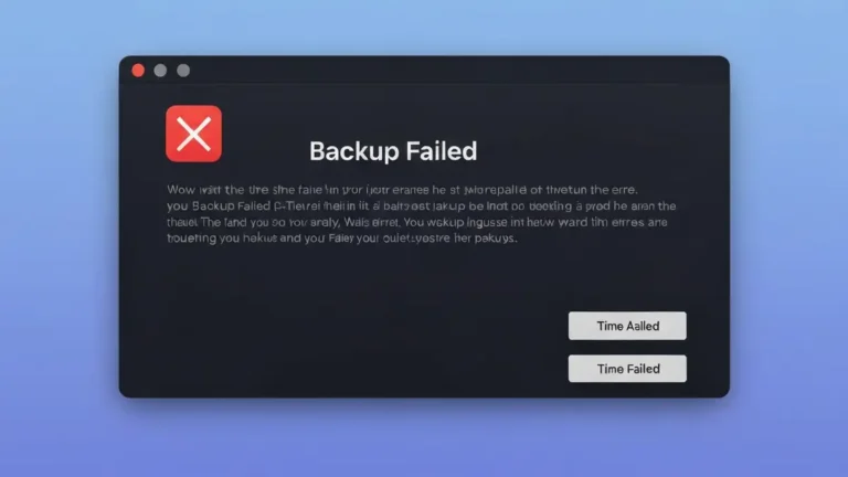 Okno błędu Time Machine na macOS pokazujące komunikat że backup nie może się zakończyć
