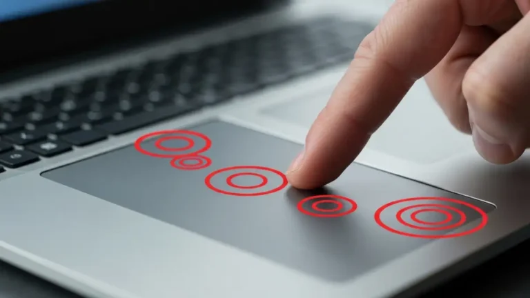 Dłoń na niedziałającym touchpadzie laptopa z oznaczeniami problemów