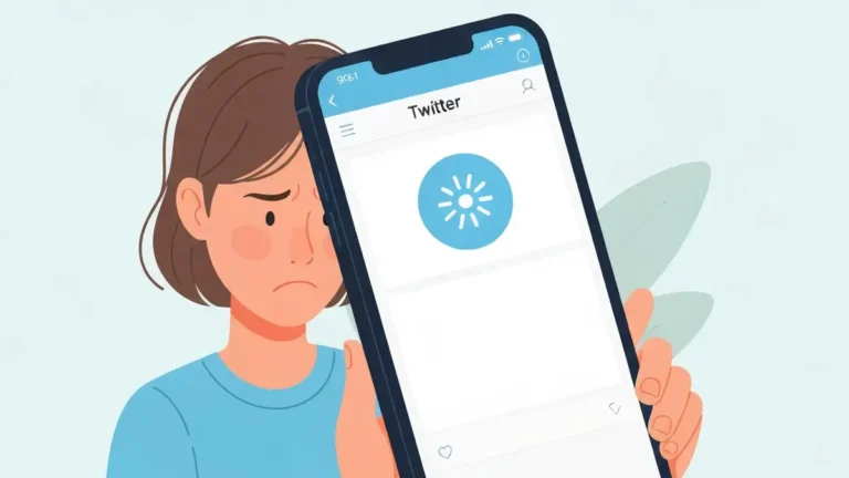 Ekran telefonu pokazujący aplikację Twitter z pustą osią czasu i ikoną ładowania - ilustracja problemu z brakiem ładowania tweetów