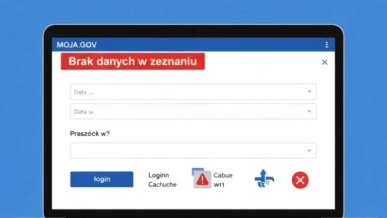 Ekran błędu e-PIT z komunikatem 'Brak danych' i ikonami troubleshootingu